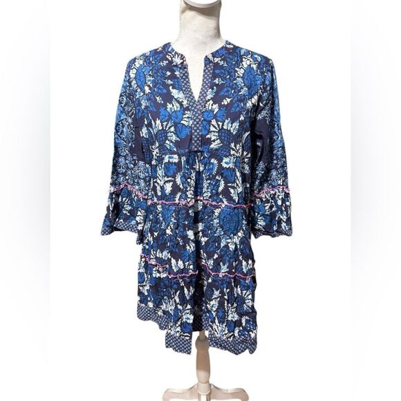 Lola Australia Blue Floral Tiered Pink Seam Piping Long Sleeve Boho Size Large - Picture 1 of 5